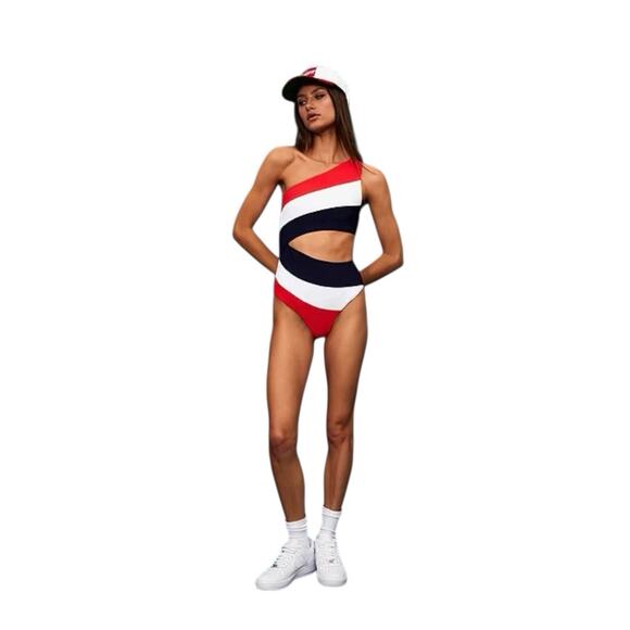 BEACH RIOT Joyce One Piece Red Colorblock One Shoulder Swimsuit XS Americana - Picture 7 of 8